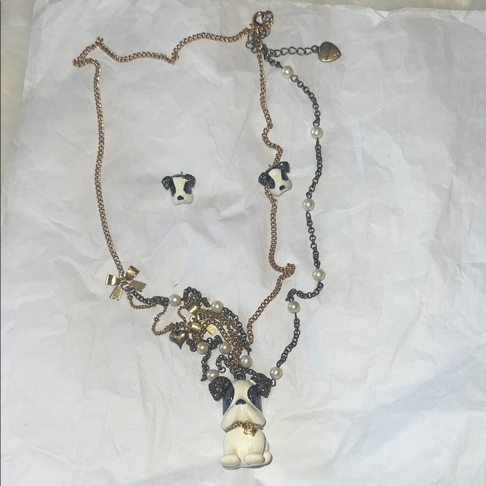Betsey Johnson White and Gold Dog Pendant Necklace with Stud Earrings
